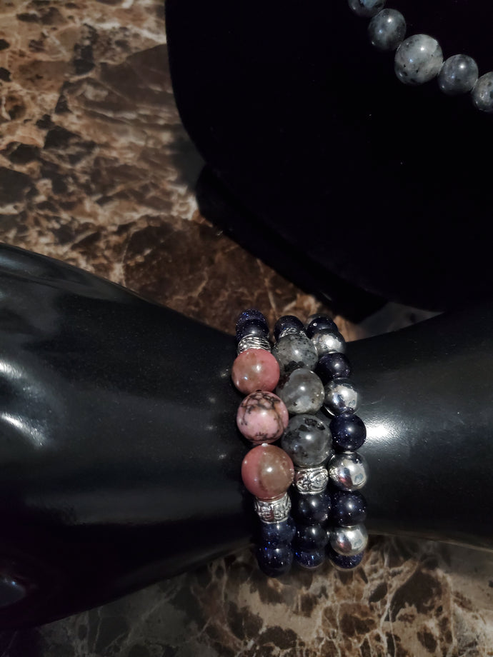 Blue Sandstone/Labradorite/Rhodochrosite/Silver Hematite Bracelet Set